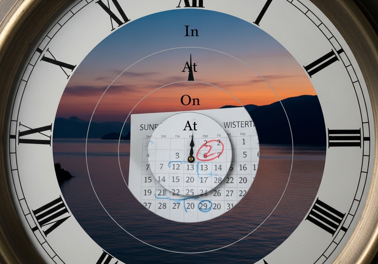 시간 전치사 완벽 가이드: At, On, In의 삼각 관계